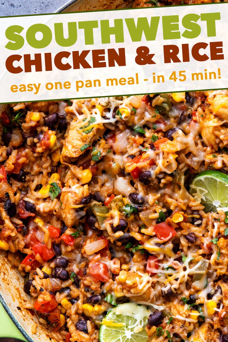 Made entirely in one pan, this Cheesy Southwest Chicken and Rice is bursting with powerful flavors, and ready in 45 minutes or less!  Plus plenty of prep-ahead tips to cut down on cooking time! #chicken #rice #southwest #mexican #fajita #onepan #onepot #easyrecipe #dinner #cooking