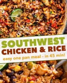 Made entirely in one pan, this Cheesy Southwest Chicken and Rice is bursting with powerful flavors, and ready in 45 minutes or less!  Plus plenty of prep-ahead tips to cut down on cooking time! #chicken #rice #southwest #mexican #fajita #onepan #onepot #easyrecipe #dinner #cooking