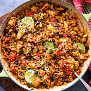 Made entirely in one pan, this Cheesy Southwest Chicken and Rice is bursting with powerful flavors, and ready in 45 minutes or less! Plus plenty of prep-ahead tips to cut down on cooking time! #chicken #rice #southwest #mexican #fajita #onepan #onepot #easyrecipe #dinner #cooking