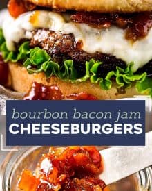 The only thing better than a juicy cheeseburger on a toasted bun, is a juicy cheeseburger topped with homemade bourbon bacon jam! Regular condiments are a thing of the past! #baconjam #cheeseburger #grilling #baconcheeseburgers #bourbon