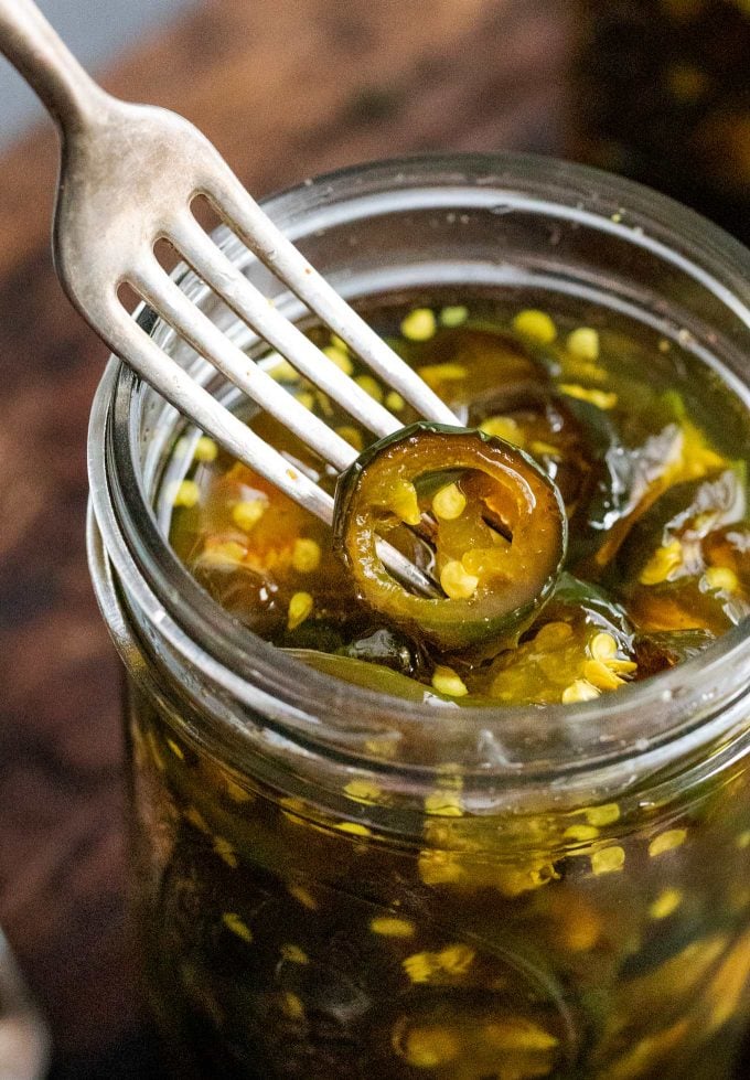 candied jalapeno on fork