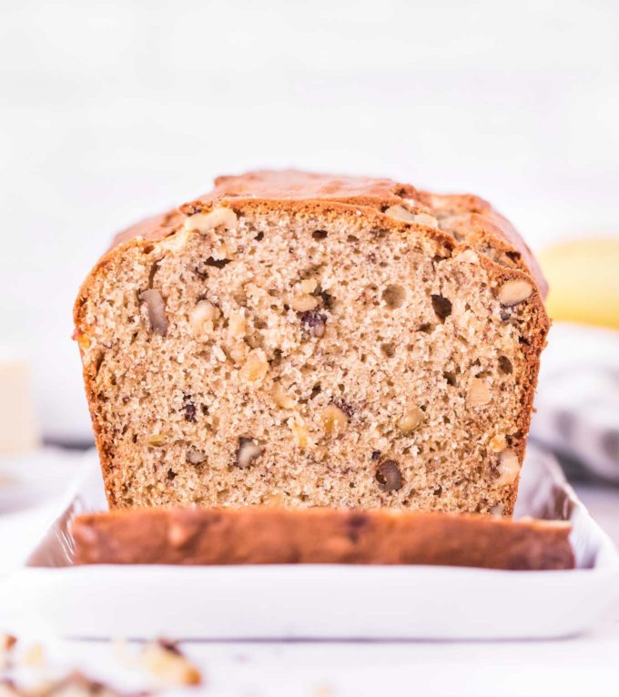 loaf of banana nut bread, sliced