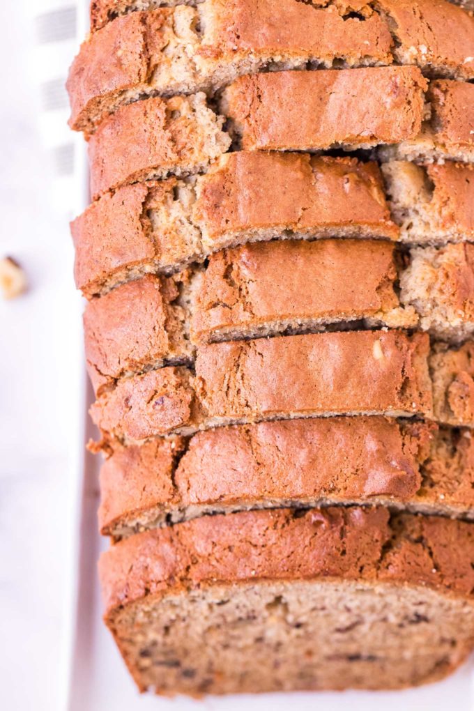 Line of banana nut bread slices