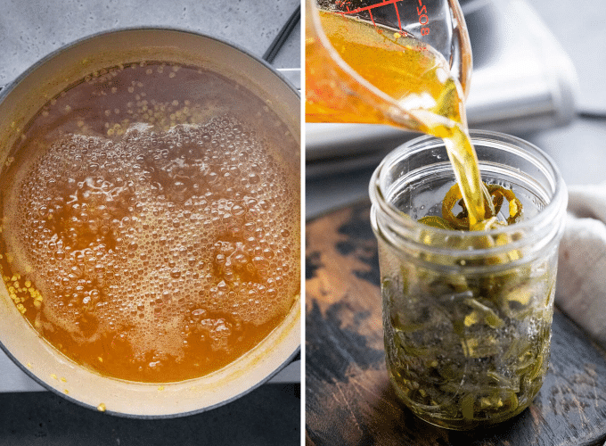 making candied jalapenos - pouring syrup into jars with jalapeno slices