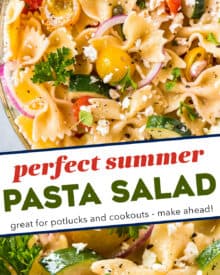 Always a crowd-pleaser, this Pasta Salad has won first place in several potluck contests.  Summer vegetables, tender pasta, salty cheese, and a mouthwatering zesty dressing!