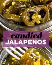 Candied Jalapenos, a homemade version of Cowboy Candy, are the perfect combination of sweet and spicy!  Perfect on burgers, sandwiches, nachos, or just all by themselves! #jalapenos #cowboycandy #candied #sweetheat #sweetandspicy #spicy #hot #condiment #topping