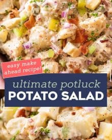 This Potato Salad is perfect for all the summer cookouts, potlucks and bbq’s!  Plus added tips on how to get the perfect potato texture, prevent a "wet" potato salad, and how to add extra zing that will make everyone want the recipe! #potatosalad #potatoes #salad #potluckrecipe #summer #salad #sidedish #picnic