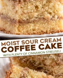 My favorite Sour Cream Coffee Cake is ultra moist and buttery, with a cinnamon streusel layer in the middle and on top, and drizzled with a sweet glaze. #coffeecake #crumbcake #sourcream #baking #breakfast #dessert #cinnamon #streusel #brunch
