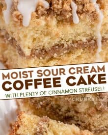 My favorite Sour Cream Coffee Cake is ultra moist and buttery, with a cinnamon streusel layer in the middle and on top, and drizzled with a sweet glaze. #coffeecake #crumbcake #sourcream #baking #breakfast #dessert #cinnamon #streusel #brunch