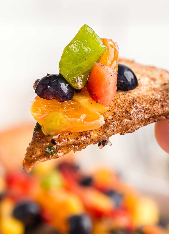 Cinnamon chip with fruit salsa on top