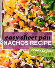 These Fully Loaded Sheet Pan Beef Nachos are made easily on a sheet pan, and piled up with plenty of beef, cheese, and all the toppings! So easy to make in just 20 minutes and are perfect for any party! #nachos #beef #sheetpan #appetizer