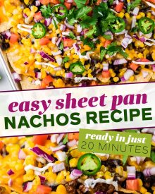 These Fully Loaded Sheet Pan Beef Nachos are made easily on a sheet pan, and piled up with plenty of beef, cheese, and all the toppings! So easy to make in just 20 minutes and are perfect for any party! #nachos #beef #sheetpan #appetizer