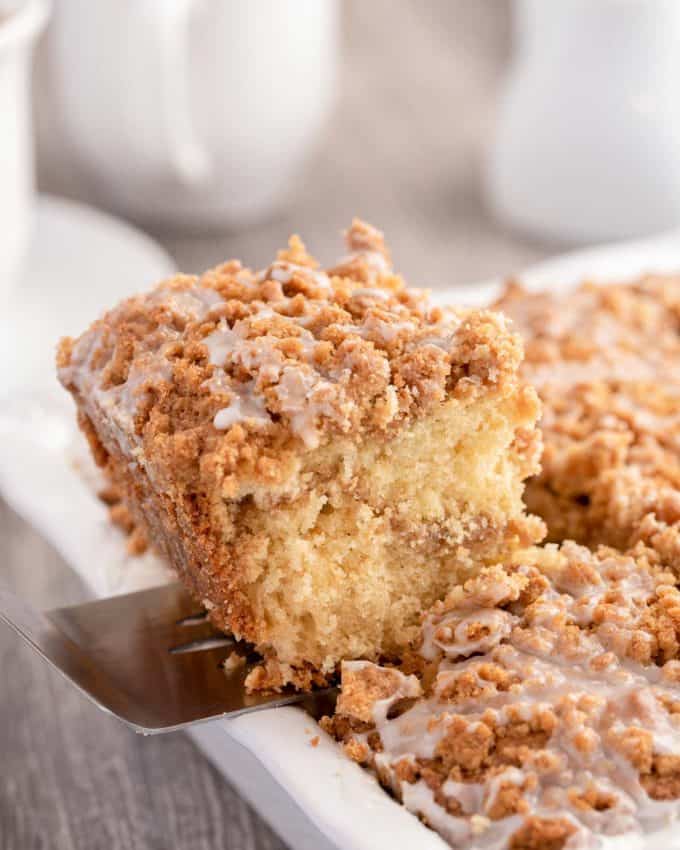 removing a piece of coffee cake with a spatula