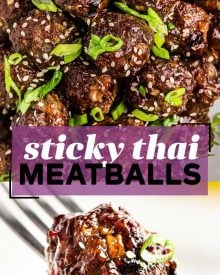 Tender baked meatballs loaded with fresh, bold, Thai flavors, smothered in a sticky sweet/savory sauce that is truly finger-lickin good!  Great over rice, in lettuce cups, or enjoyed with just a fork, they're the perfect party appetizer! #thai #meatballs #baked #asian #appetizer #partyfood