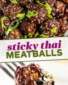 Tender baked meatballs loaded with fresh, bold, Thai flavors, smothered in a sticky sweet/savory sauce that is truly finger-lickin good!  Great over rice, in lettuce cups, or enjoyed with just a fork, they're the perfect party appetizer! #thai #meatballs #baked #asian #appetizer #partyfood