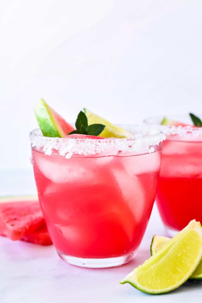 two glasses of watermelon margaritas