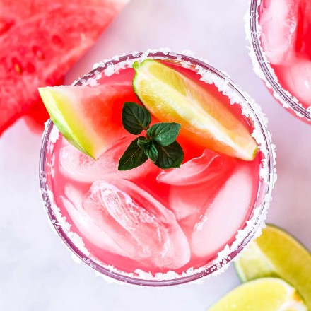 overhead view of watermelon margaritas