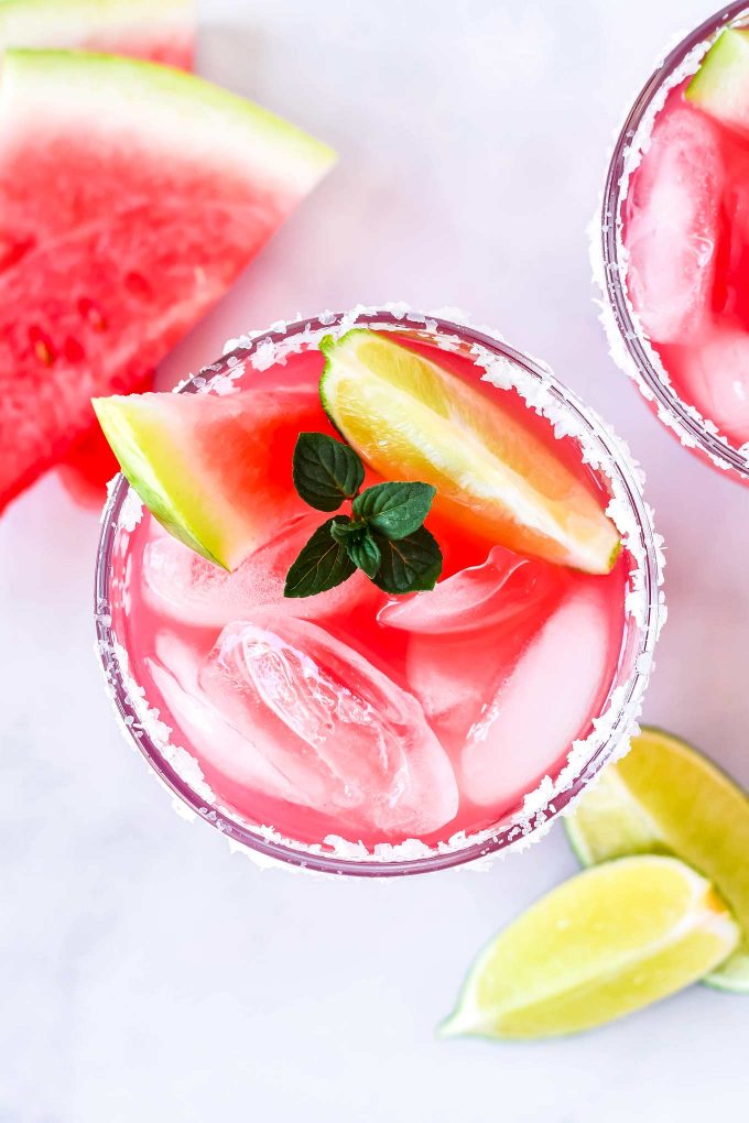 overhead view of watermelon margaritas