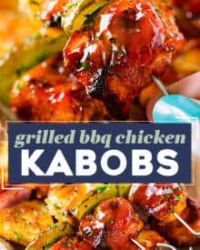 These ultimate chicken kabobs (with bacon!) are PACKED with flavor, from both a spice rub and the bbq sauce.  Plus, tips for how to skewer bacon, and how to cook these kabobs when grilling isn't an option.