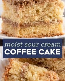 My favorite Sour Cream Coffee Cake is ultra moist and buttery, with a cinnamon streusel layer in the middle and on top, and drizzled with a sweet glaze. #coffeecake #crumbcake #sourcream #baking #breakfast #dessert #cinnamon #streusel #brunch