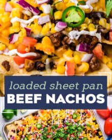 These Fully Loaded Sheet Pan Beef Nachos are made easily on a sheet pan, and piled up with plenty of beef, cheese, and all the toppings! So easy to make in just 20 minutes and are perfect for any party! #nachos #beef #sheetpan #appetizer