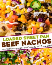 These Fully Loaded Sheet Pan Beef Nachos are made easily on a sheet pan, and piled up with plenty of beef, cheese, and all the toppings! So easy to make in just 20 minutes and are perfect for any party! #nachos #beef #sheetpan #appetizer