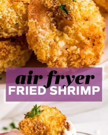 Crispy and juicy fried popcorn shrimp, cooked in just 10 minutes in the air fryer!  Uses so much less oil than deep frying, but has all the amazing crunch you expect from fried shrimp! #shrimp #popcornshrimp #fried #airfryer #airfried #seafood #kidfriendly #dinner #lunch