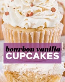 These Bourbon Vanilla Cupcakes are perfectly moist, and completely irresistible!  Light and fluffy cupcakes are spiked with bourbon and swirled with creamy vanilla buttercream for the ultimate dessert. #cupcakes #baking #dessert #vanilla #bourbon #fallbaking #dessertrecipe