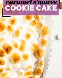 This ooey-gooey Caramel S'mores Cookie Cake has a buttery graham cracker/sugar cookie base, and is topped with melted chocolate and caramel, then topped with delicious toasted marshmallows!  It's the summer dessert you just can't resist!