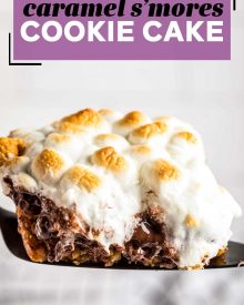 This ooey-gooey Caramel S'mores Cookie Cake has a buttery graham cracker/sugar cookie base, and is topped with melted chocolate and caramel, then topped with delicious toasted marshmallows!  It's the summer dessert you just can't resist!