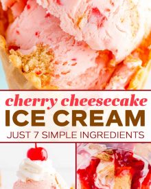 This homemade cherry cheesecake ice cream recipe is the perfect summer dessert made with rich cheesecake flavors, real pieces of maraschino cherries and graham crackers! #icecream #cherry #cheesecake #homemade #dessert #summer