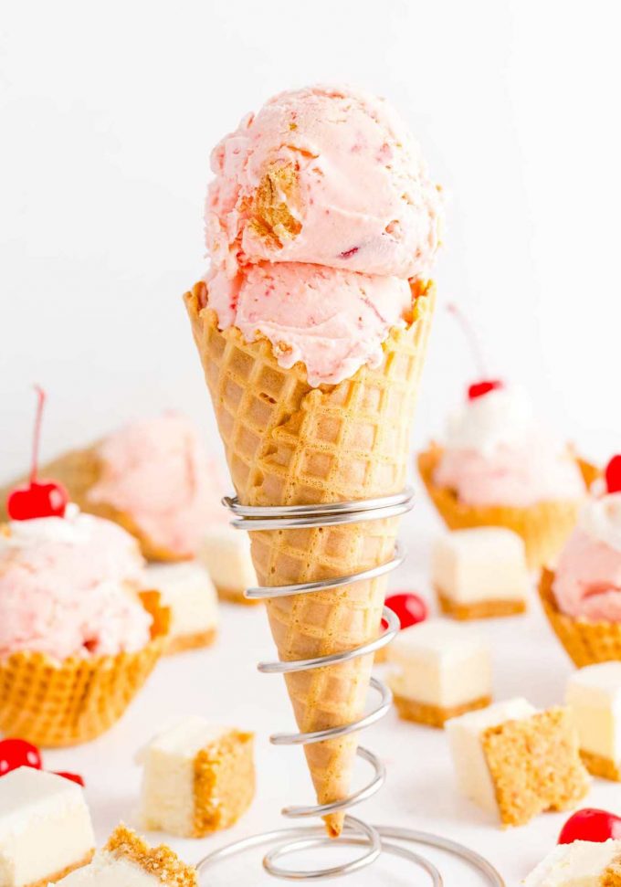 waffle cone of 2 scoops of ice cream in spiral stand