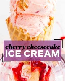 This homemade cherry cheesecake ice cream recipe is the perfect summer dessert made with rich cheesecake flavors, real pieces of maraschino cherries and graham crackers! #icecream #cherry #cheesecake #homemade #dessert #summer