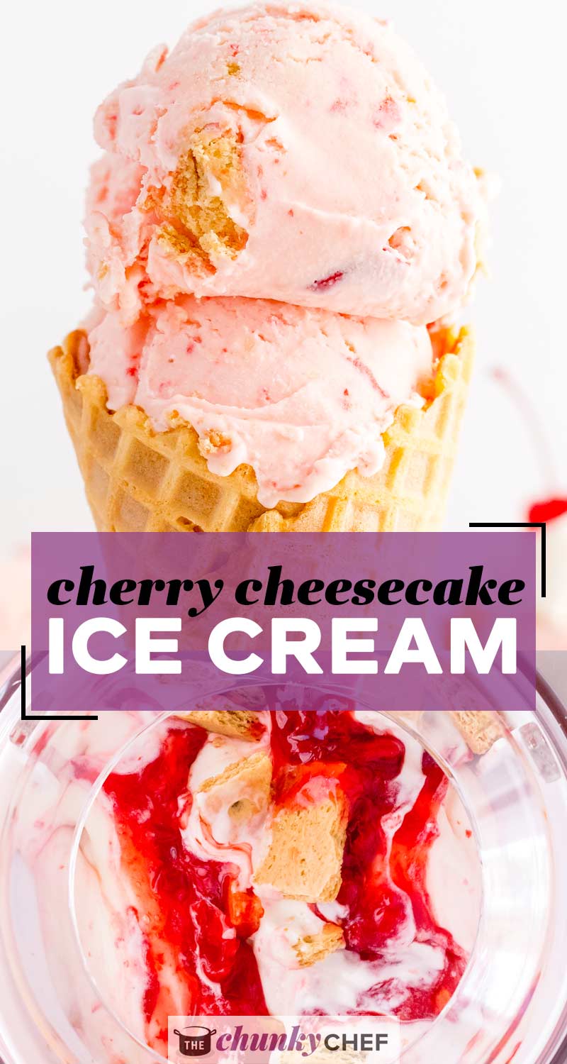This homemade cherry cheesecake ice cream recipe is the perfect summer dessert made with rich cheesecake flavors, real pieces of maraschino cherries and graham crackers! #icecream #cherry #cheesecake #homemade #dessert #summer