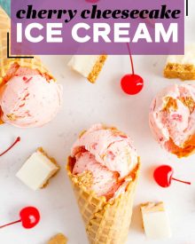 This homemade cherry cheesecake ice cream recipe is the perfect summer dessert made with rich cheesecake flavors, real pieces of maraschino cherries and graham crackers! #icecream #cherry #cheesecake #homemade #dessert #summer