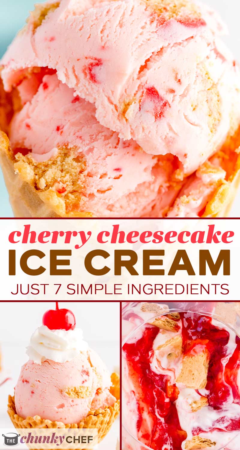 This homemade cherry cheesecake ice cream recipe is the perfect summer dessert made with rich cheesecake flavors, real pieces of maraschino cherries and graham crackers! #icecream #cherry #cheesecake #homemade #dessert #summer