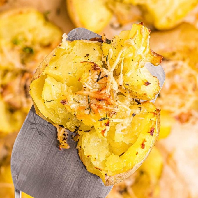 featured image of smashed potatoes on spatula