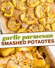 Crispy Smashed Potatoes are so fluffy on the inside, golden/crispy on the outside, and smothered in garlic and parmesan cheese!  The perfect family-pleasing side dish to serve with dinner. #potatoes #smashed #garlic #parmesan #sidedish #sidedishes #dinner