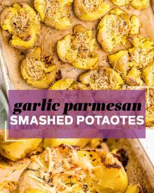 Crispy Smashed Potatoes are so fluffy on the inside, golden/crispy on the outside, and smothered in garlic and parmesan cheese!  The perfect family-pleasing side dish to serve with dinner. #potatoes #smashed #garlic #parmesan #sidedish #sidedishes #dinner