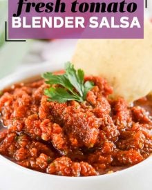 The best tomato salsa is made with fresh tomatoes, peppers, onion and more! A little spicy, slightly sweet, and perfect with salty chips.  Great for Cinco de Mayo, potlucks, enchiladas and more!