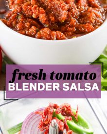 The best tomato salsa is made with fresh tomatoes, peppers, onion and more! A little spicy, slightly sweet, and perfect with salty chips.  Great for Cinco de Mayo, potlucks, enchiladas and more!