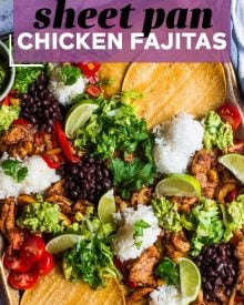 All the flavor of chicken fajitas, made easily on one sheet pan!  For a delicious dinner idea, add your favorite toppings right on the sheet pan and let your family make their own fajita tacos! 