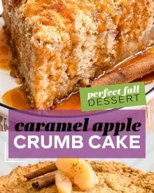 This Caramel Apple Crumb Cake is the perfect Fall dessert! Perfectly spiced, with tender apples, rich caramel, moist cake and a crumbly top! #apple #cake #applecake #dessert #baking #Fall #crumbcake #caramel #caramelapple