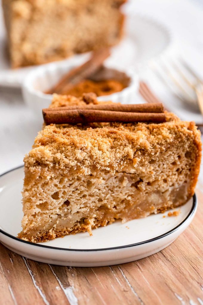 apple cake slice on plate with cinnamon stick on top