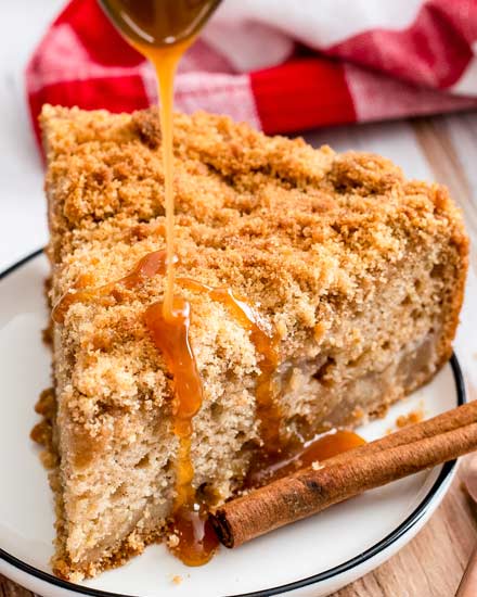 This Caramel Apple Crumb Cake is the perfect Fall dessert! Perfectly spiced, with tender apples, rich caramel, moist cake and a crumbly top! #apple #cake #applecake #dessert #baking #Fall #crumbcake #caramel #caramelapple