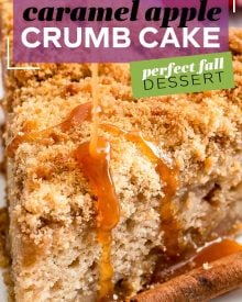 This Caramel Apple Crumb Cake is the perfect Fall dessert! Perfectly spiced, with tender apples, rich caramel, moist cake and a crumbly top! #apple #cake #applecake #dessert #baking #Fall #crumbcake #caramel #caramelapple