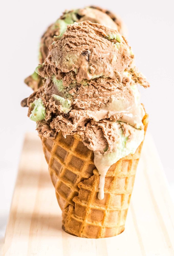 chocolate chip mint ice cream in waffle cone