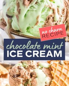 This chocolate mint ice cream is the perfect blend of sweet chocolate, icy mint, and silky creaminess.  Amazing homemade ice cream, made with NO ice cream maker, is the best dessert ever! #icecream #mint #chocolate #nochurn #dessert #sweets #frozen