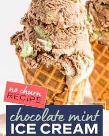 This chocolate mint ice cream is the perfect blend of sweet chocolate, icy mint, and silky creaminess.  Amazing homemade ice cream, made with NO ice cream maker, is the best dessert ever! #icecream #mint #chocolate #nochurn #dessert #sweets #frozen