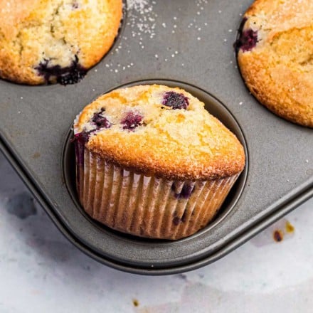 bakery style blueberry muffins in muffin pan